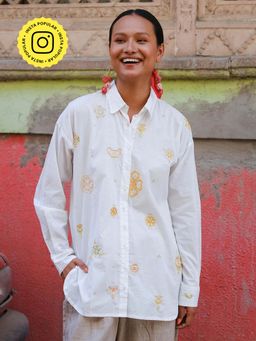 Okhai - Tutti Frutti Rabari Embroidery Pure Cotton White Anti-Fit Shirt