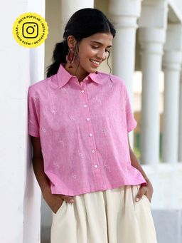 Okhai - Cherish Hand-Embroidered Beadwork Pure Cotton Pink Shirt