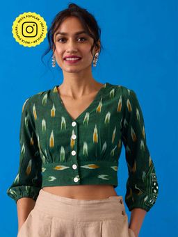 Okhai - Verdine Mirrorwork Pure Cotton Ikkat Green Crop Top