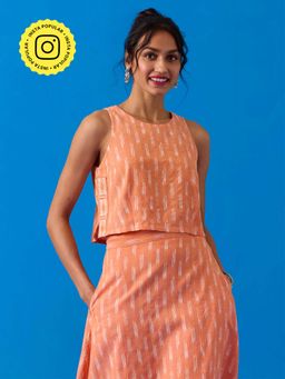 Okhai - Apricot Hand-Embroidered Pure Cotton Ikkat Peach Top