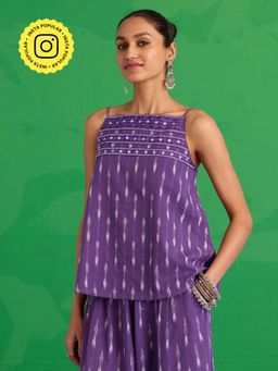 Okhai - Mulberry Hand-Embroidered Pure Cotton Ikkat Purple Top