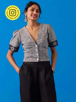 Okhai - Pasapali Mirror Work Ikkat Pure Cotton Top