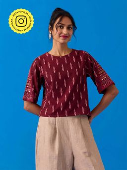 Okhai - Konark Mirror Work Ikkat Pure Cotton Top