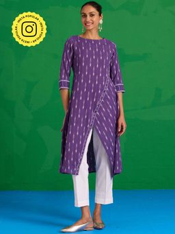 Okhai - Zephyr Hand-Embroidered Pure Cotton Ikkat Purple Kurta