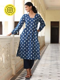 Okhai - Blue Jharna Mirrorwork Pure Cotton Kurta
