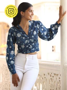 Okhai - Velvet Blue Handblock Printed Pure Cotton Top