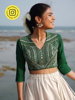 Okhai - Lush Canopy Hand-Embroidery & Mirrorwork Pure Cotton Stitched Blouse