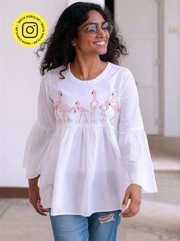 Okhai - Flamingo Feathers Embroidery Work Top