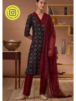 Okhai - Carnelian Handblock Printed Chanderi Silk Ajrakh Kurta Pant Set