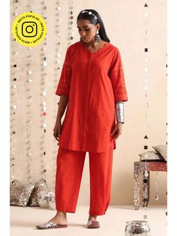 Okhai - Mirror Song Hand-Embroidered Orange Pure Cotton Kurta Pant Set