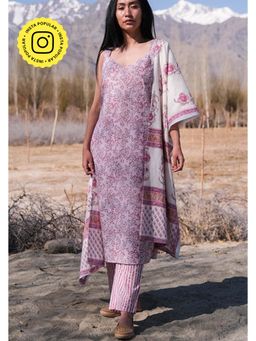 Okhai - Frosted Rose' Hand Block Printed Kurta Pant Dupatta Set