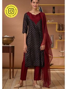 Okhai - Ruby Armour Printed Chanderi Silk Ajrakh Kurta Pant Set with Dupatta