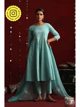 Okhai - Moonlit Hand-Embroidered Pure Cotton Kurta Pant Set with Dupatta