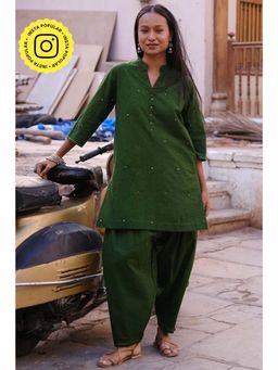 Okhai - Hariyali Hand-Embroidered and Mirrorwork Green Pure Cotton Kurta Salwar Set