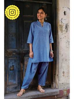 Okhai - Ariel Hand-Embroidered and Mirrowork Blue Pure Cotton Kurta Salwar Set