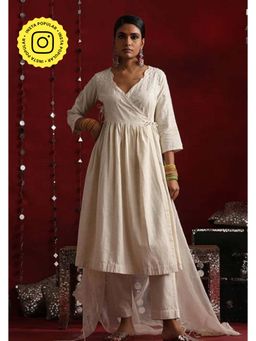 Okhai - Ivory Hand-Embroidered Off White Pure Cotton Kurta Pant Set with Dupatta