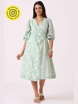 Okhai - Pasture Hand Embroidered Pista Green Hand Block Printed Pure Cotton Wrap Dress