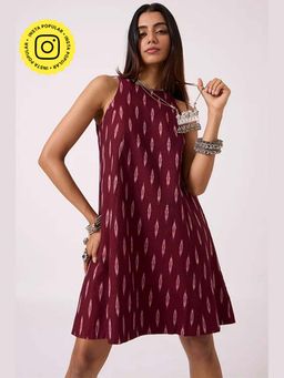 Okhai - Adventure Pure Cotton Ikat Maroon Dress