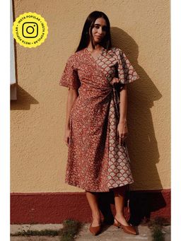 Okhai - Red Heart Handblock Printed Pure Cotton Wrap Dress