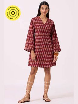 Okhai - Pomello Pure Cotton Ikat Maroon Wrap Dress