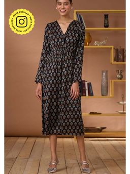 Okhai - Royal Topaz Handblock Printed Modal Ajrakh V-Neckline Dress