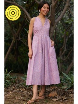 Okhai - Soft Serenade Hand-Block Printed Purple Pure Cotton Dress
