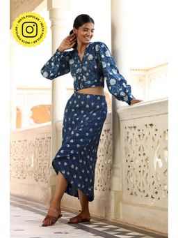 Okhai - Deepwater Handblock Printed Pure Cotton Wrap Indigo Maxi Skirt