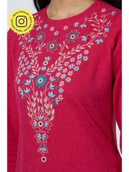Okhai - Pink Pure Cotton Thread Work A-Line Dress