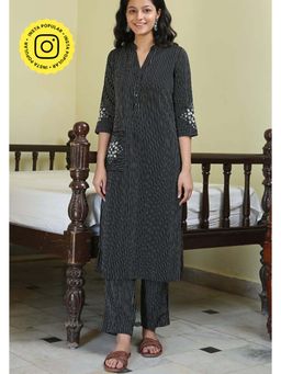 Okhai - Black Pure Cotton Mirror Work Straight Kurta with Pant