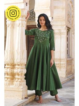 Okhai - Green Pure Cotton Mirror Work A-Line Kurta with Pant