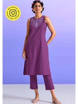 Okhai - Purple Pure Cotton Embroidered Straight Kurta with Pant