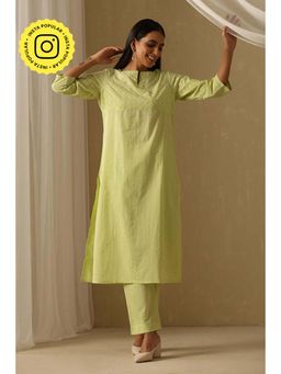 Okhai - Green Pure Cotton Chikankari Straight Kurta with Pant