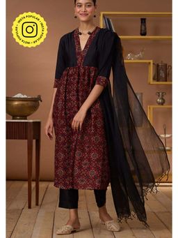 Okhai - Maroon Chanderi Silk Hand Block A-Line Kurta with Pant and Dupatta