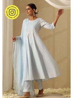 Okhai - Blue Pure Cotton Chikankari A-Line Kurta with Pant and Dupatta
