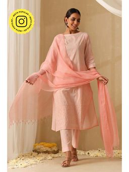 Okhai - Pink Pure Cotton Chikankari Straight Kurta with Pant and Dupatta