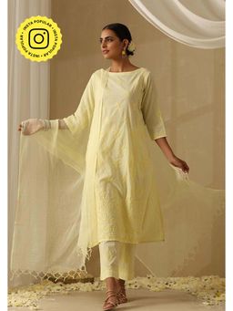 Okhai - Yellow Pure Cotton Chikankari Straight Kurta with Pant and Dupatta