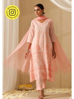 Okhai - Pink Pure Cotton Mirror Work A-Line Kurta with Pant and Dupatta
