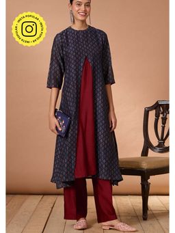 Okhai - Blue Chanderi Silk Printed A-Line Kurta with Pant
