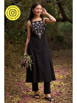 Okhai - Black Pure Cotton Thread Work A-Line Kurta with Pant