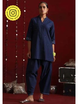 Okhai - Navy Blue Pure Cotton Mirror Work Straight Kurta with Salwar