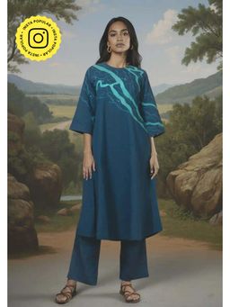 Okhai - Teal Pure Cotton Printed A-Line Kurta with Pant