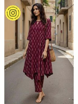 Okhai - Maroon Pure Cotton Ikat A-Line Kurta with Pant