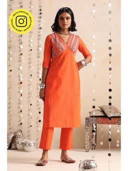 Okhai - Orange Pure Cotton Thread Work Straight Kurta with Pant