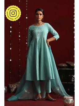 Okhai - Blue Pure Cotton Mirror Work Straight Kurta with Pant and Dupatta