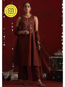 Okhai - Brown Pure Cotton Mirror Work A-Line Kurta with Pant and Dupatta