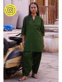 Okhai - Green Pure Cotton Mirror Work Straight Kurta with Salwar