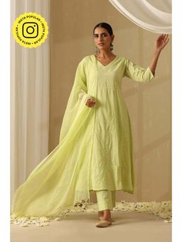 Okhai - Green Pure Cotton Chikankari Straight Kurta with Pant and Dupatta