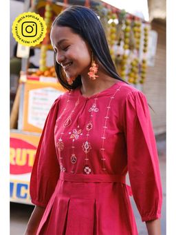 Okhai - Red Velvet Suf Embroidered Hand-Woven Cotton Dress