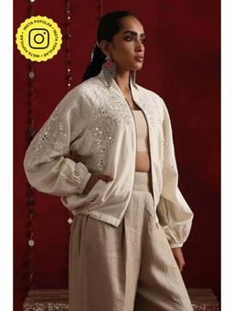 Okhai - Thousand Mirrors Hand-Embroidered Off White Pure Cotton Bomber Jacket