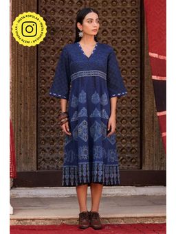 Okhai - Indus Cotton Ajrakh Blue Midi Dress